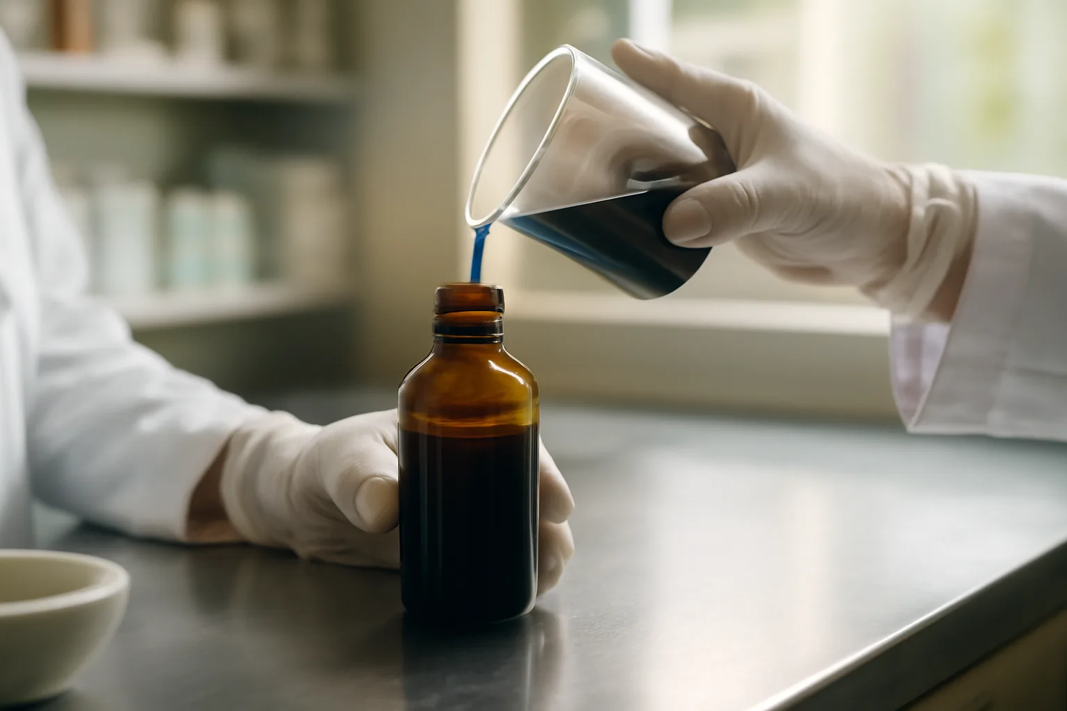 Pharmacist compounding methylene blue liquid into an amber bottle in a lab