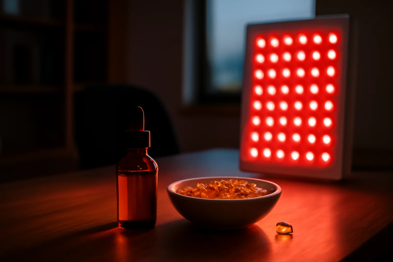 Desk scene comparing supplement bottles and red light panel as natural alternatives to methylene blue