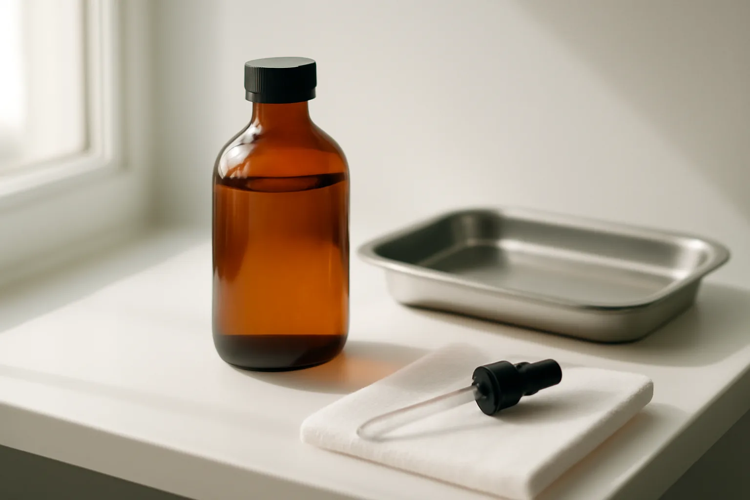 Amber pharmacy bottle and dropper on a clinical tray representing methylene blue for beginners