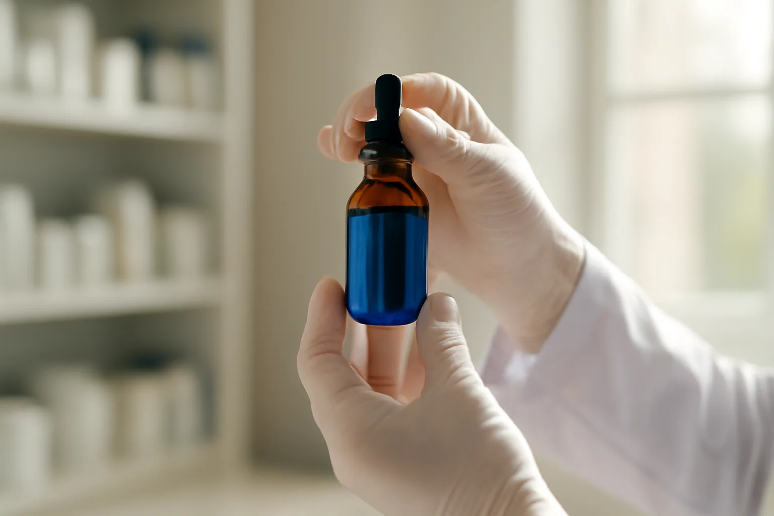 Pharmacist examining a bottle of deep blue methylene blue solution in daylight