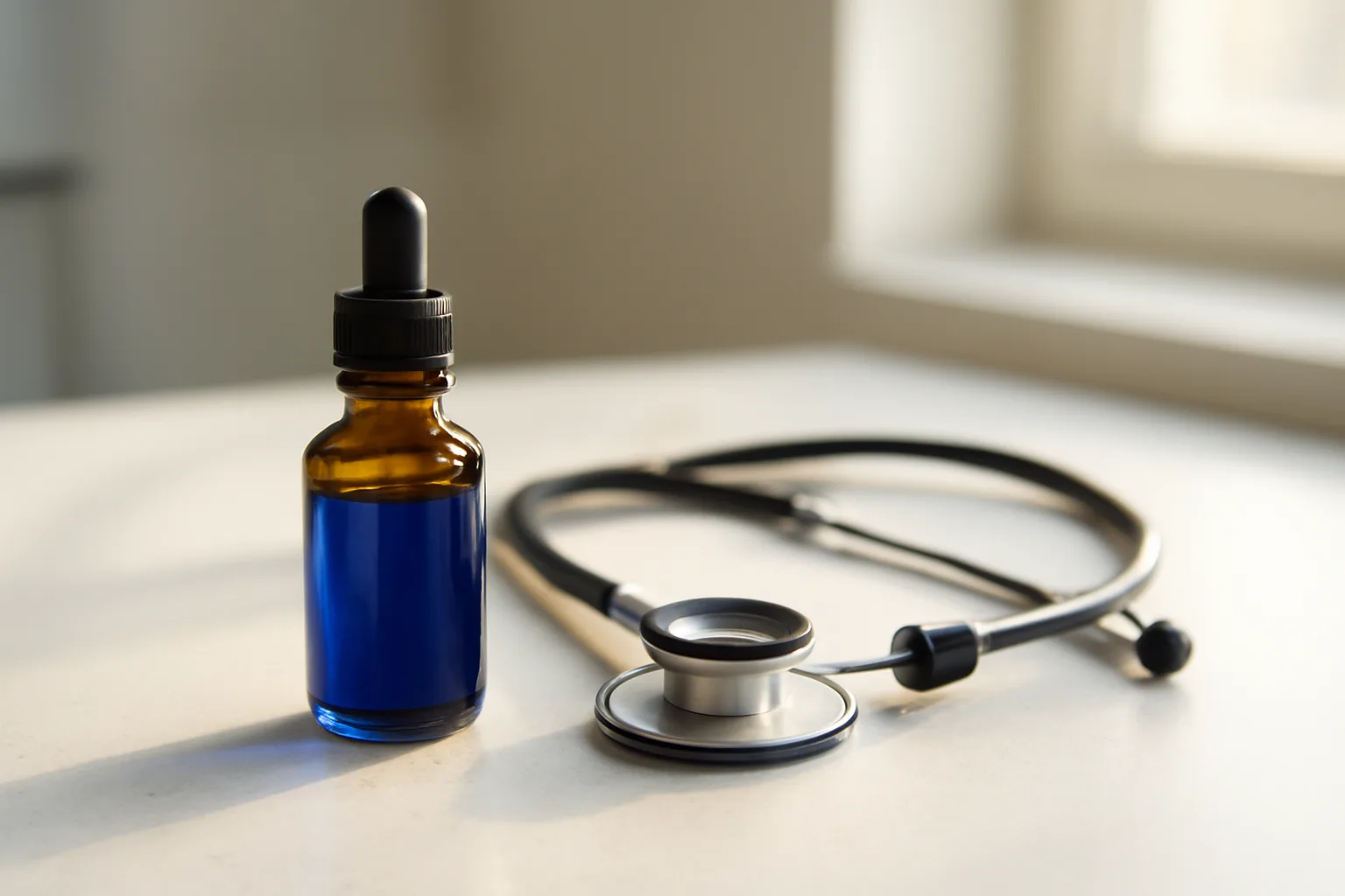 Amber dropper bottle of deep blue liquid on a clinical countertop in soft morning light