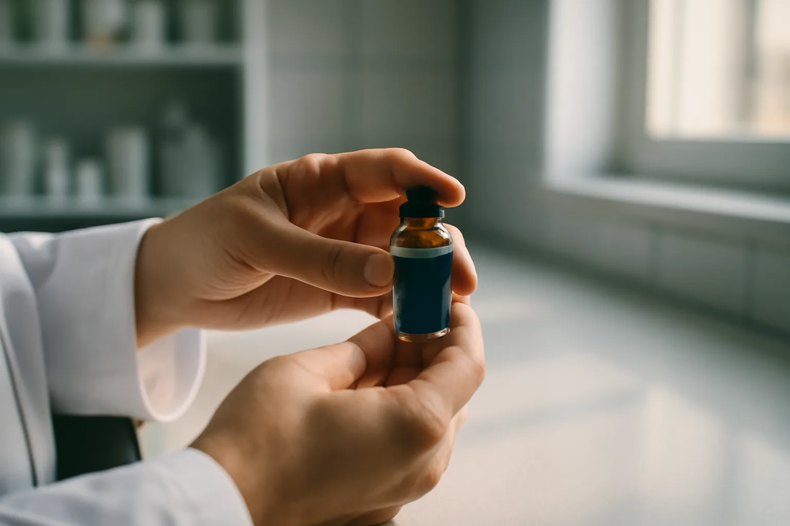 Pharmacist holding an amber vial of blue liquid under clinical lighting