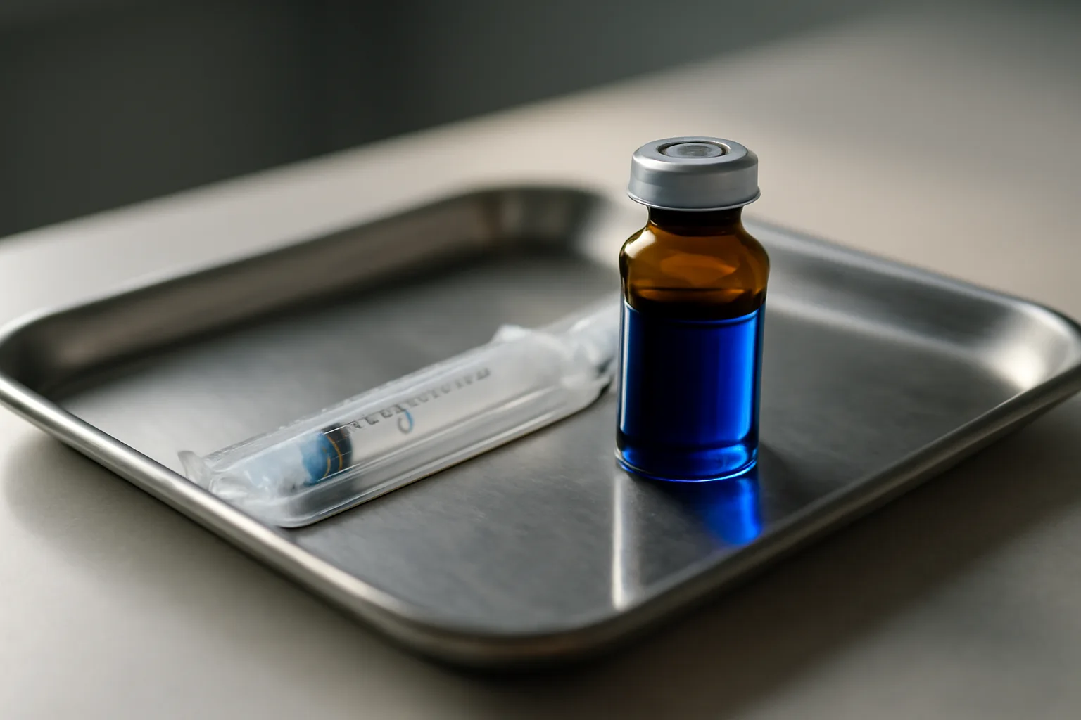 Amber vial of blue liquid and syringe on a clinical tray, representing methylene blue pros and cons