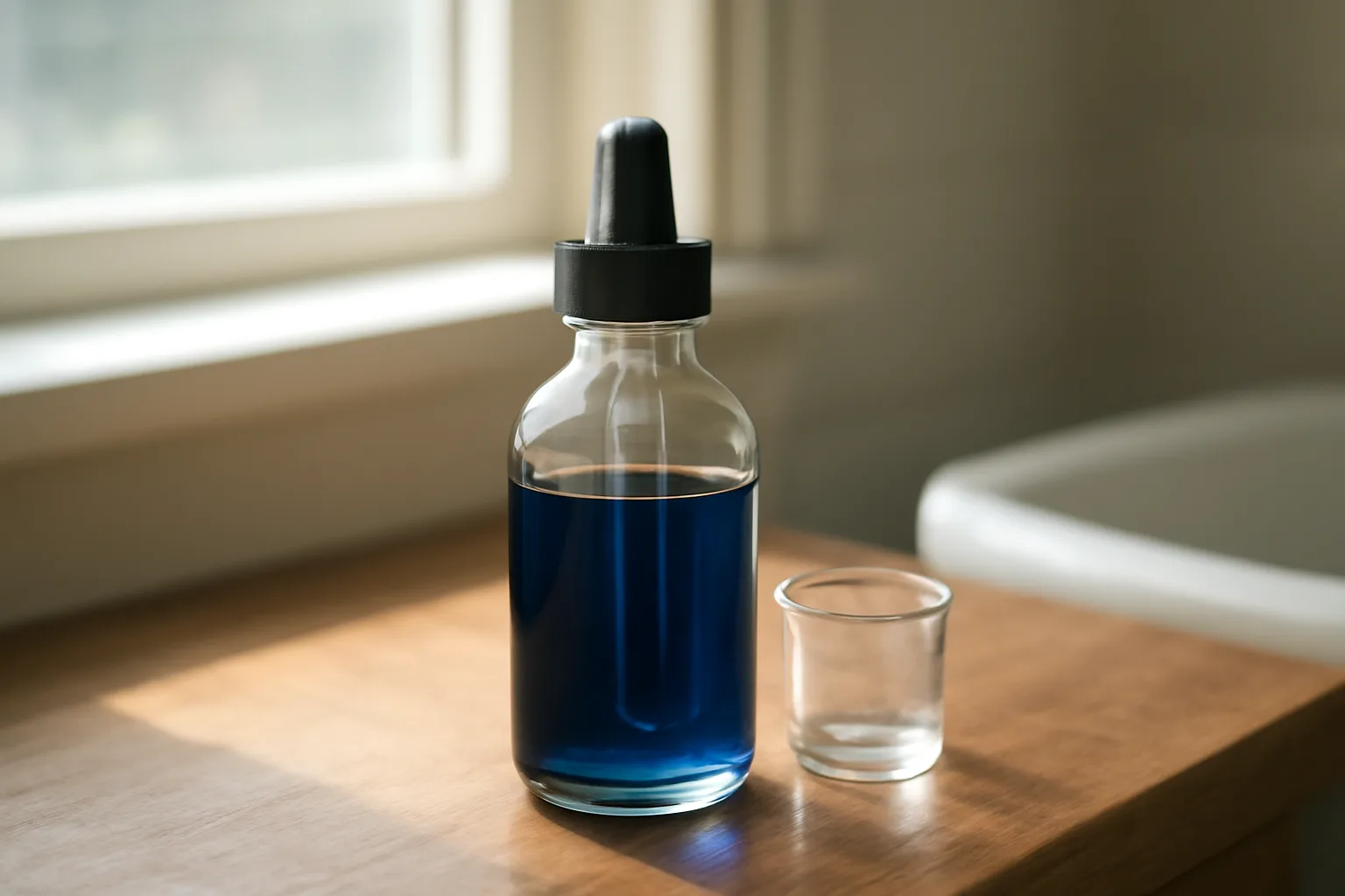 Blue liquid in a dropper bottle on a counter, representing a methylene blue results timeline