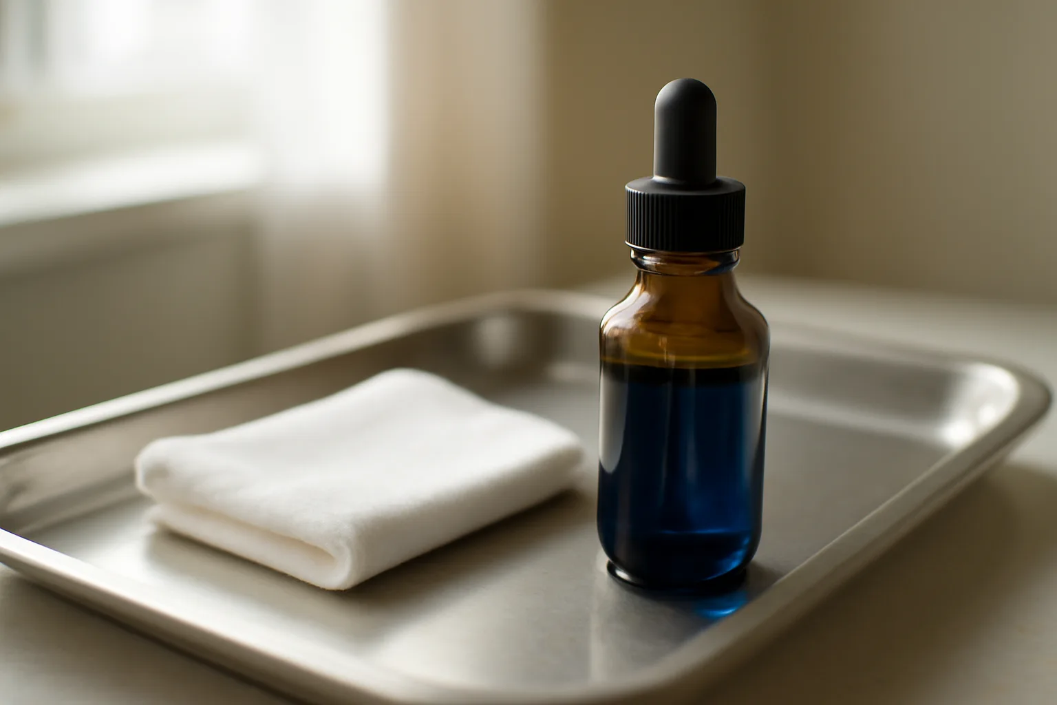 Amber dropper bottle of blue liquid on a steel tray under soft window light