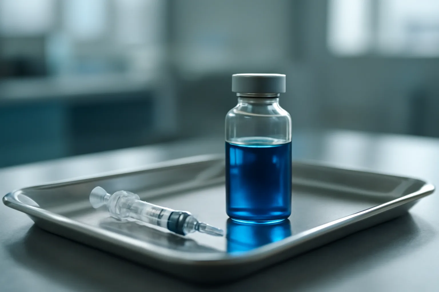 Vial of blue medication and syringe on a steel tray in a clinical setting
