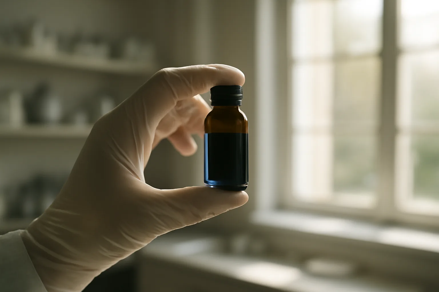 Amber vial of deep blue methylene blue liquid held up to window light
