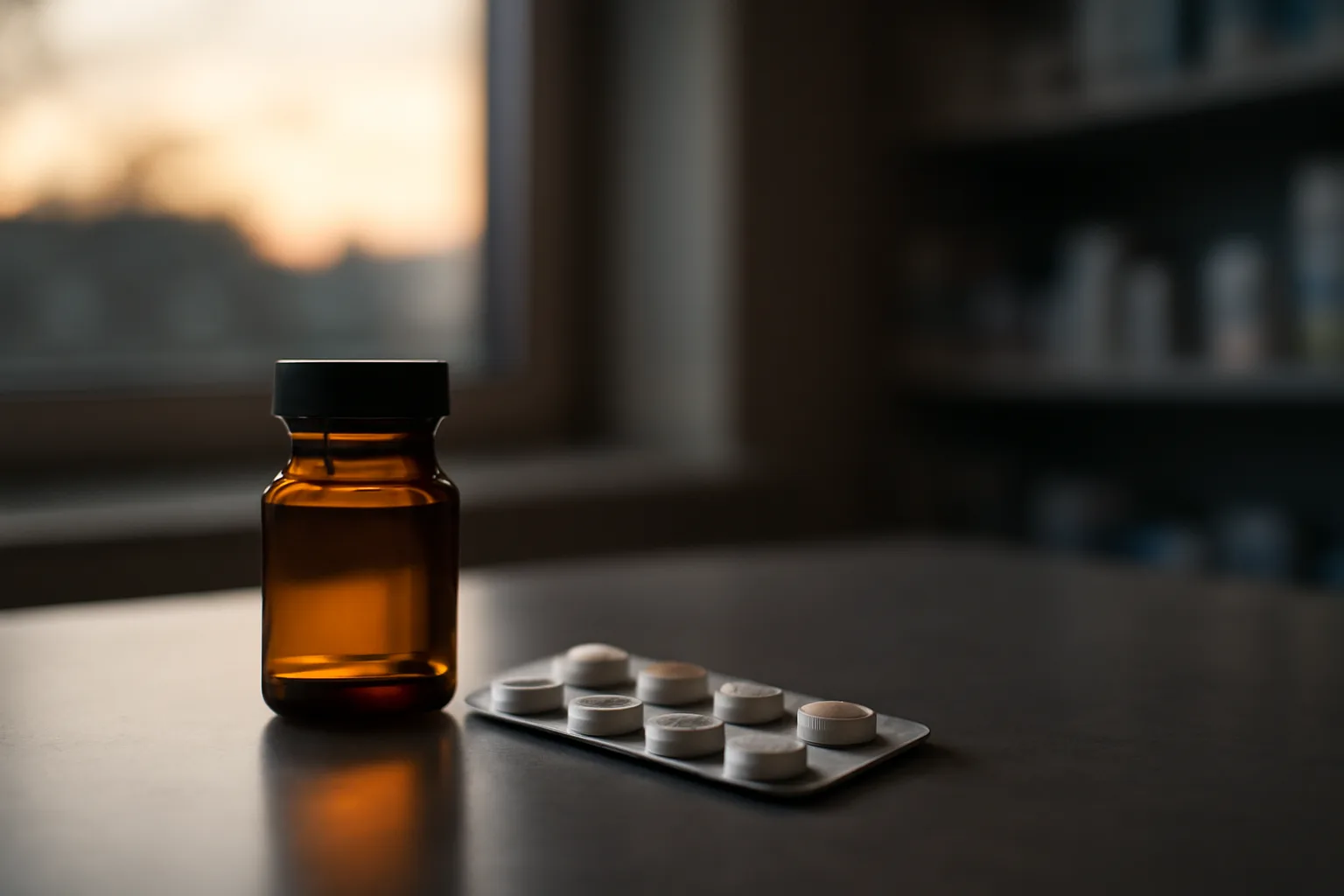 Amber glass vial beside a blister pack near a sunlit window, evoking methylene blue and birth control