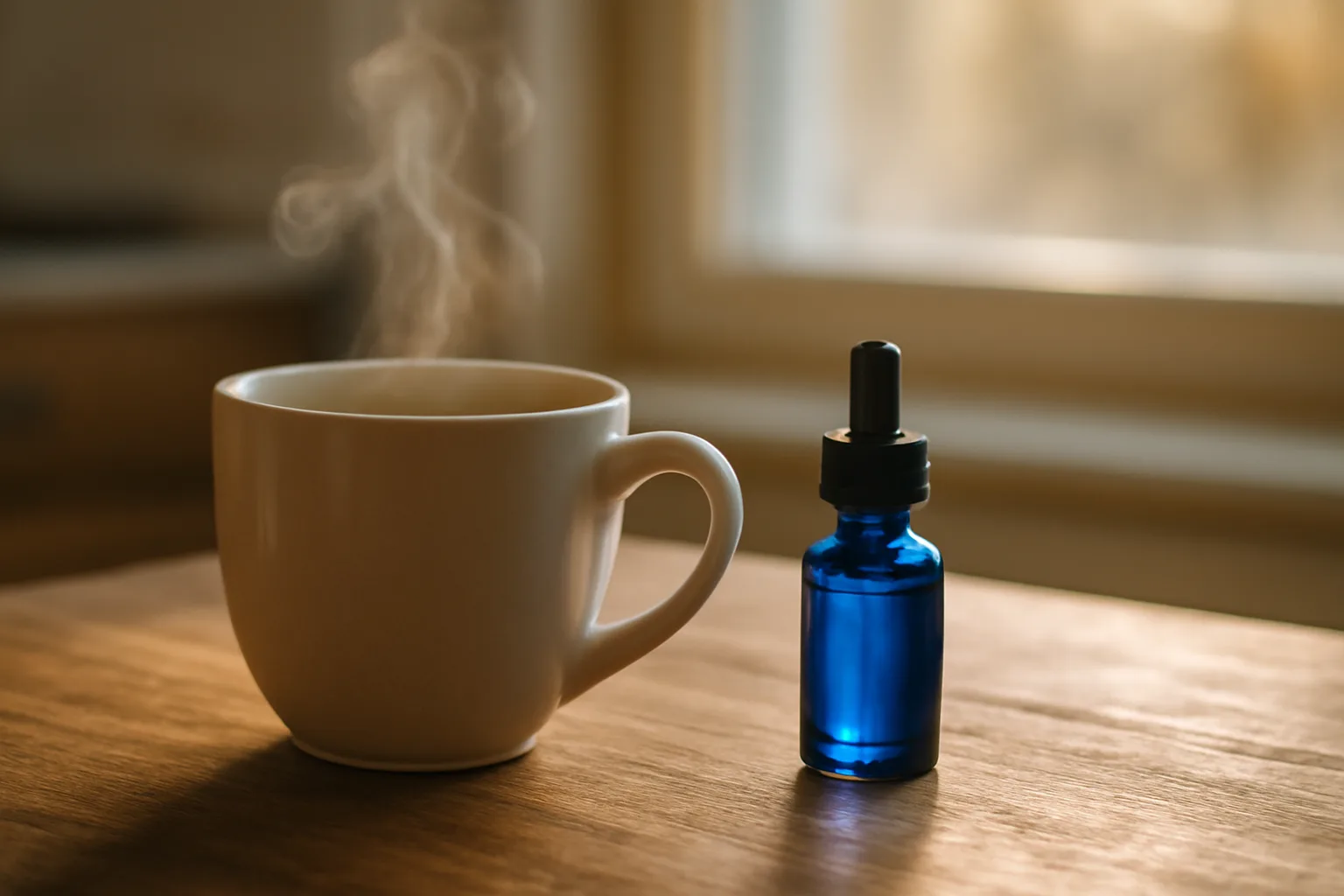 Coffee cup beside a blue liquid dropper bottle representing methylene blue and caffeine