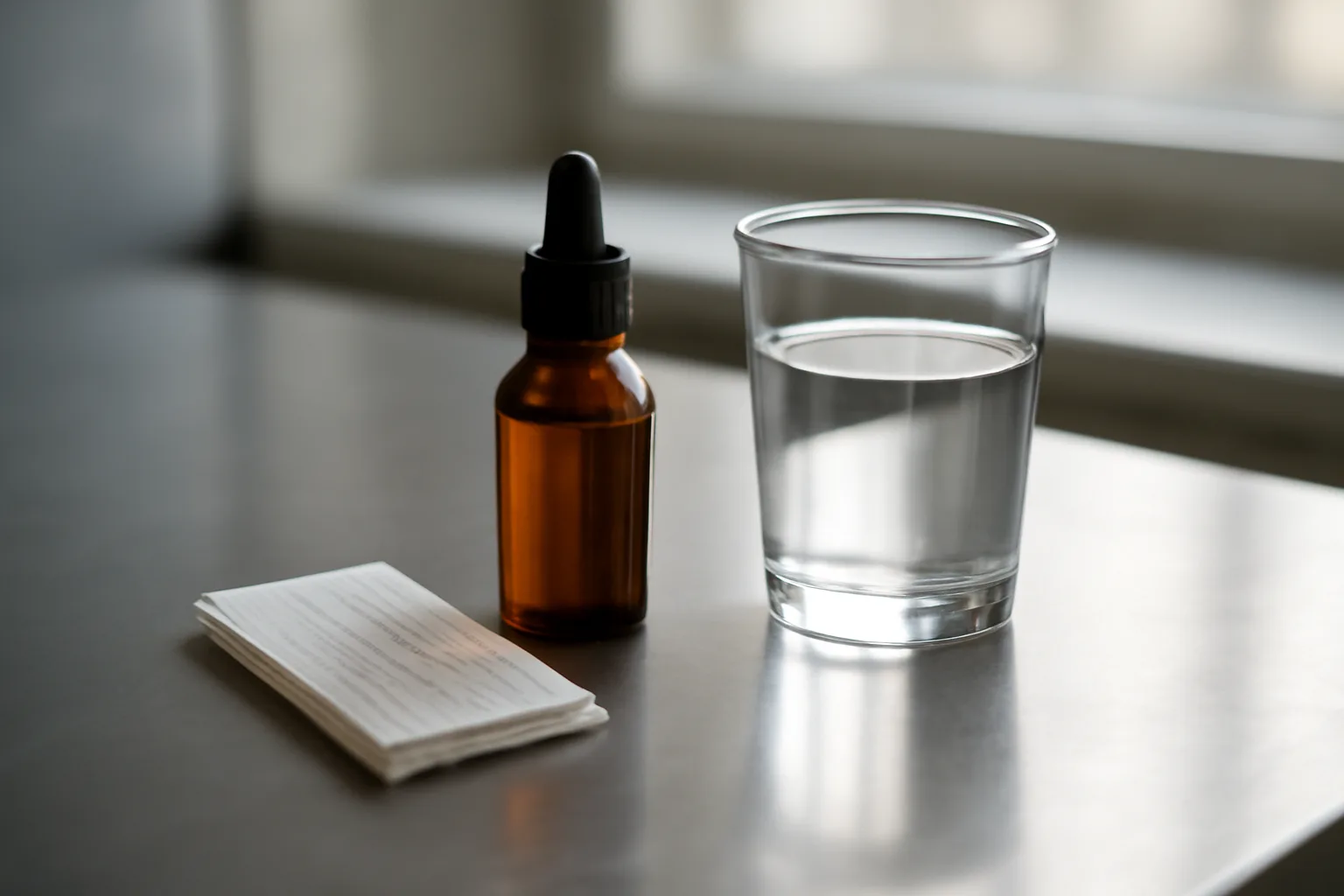 Amber dropper bottle and glass of water on a clinical counter, methylene blue common mistakes