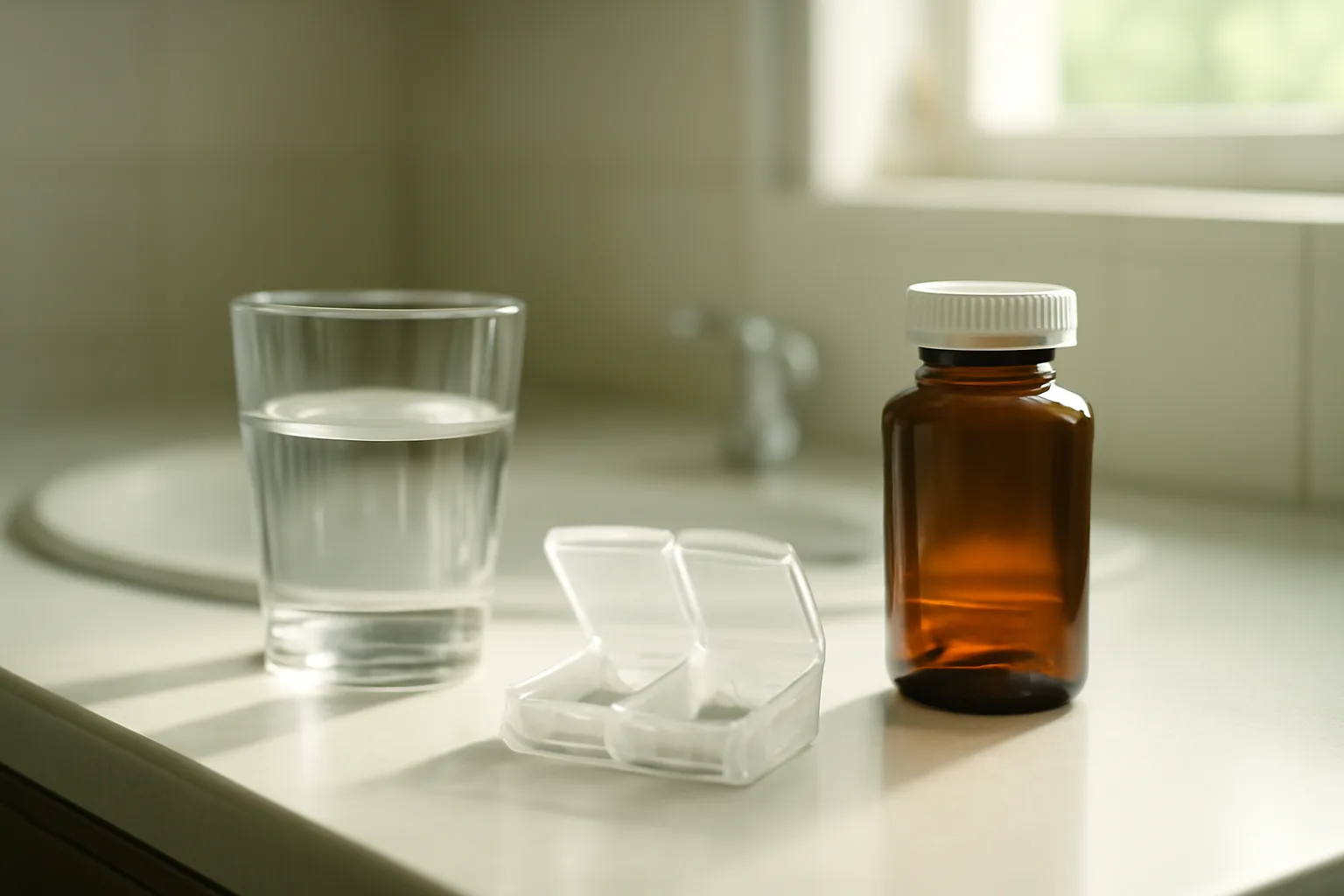 Amber medicine bottle and water glass on bathroom counter during methylene blue first month