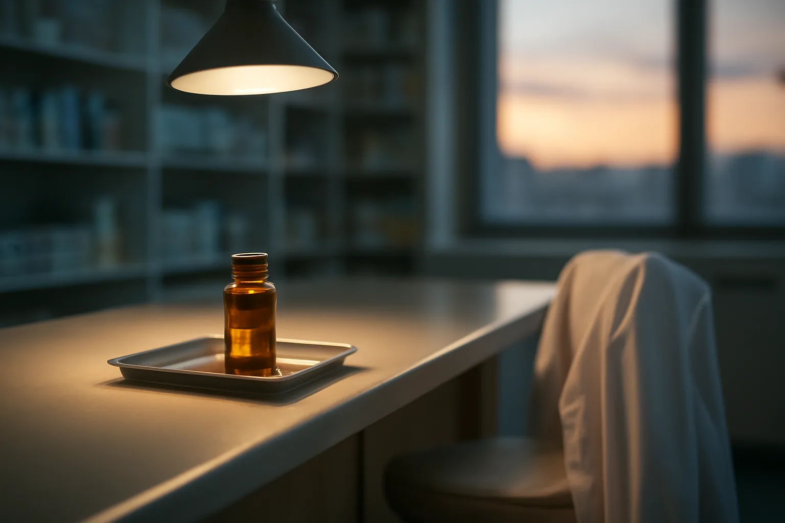 Amber vial on a pharmacy counter under focused overhead light