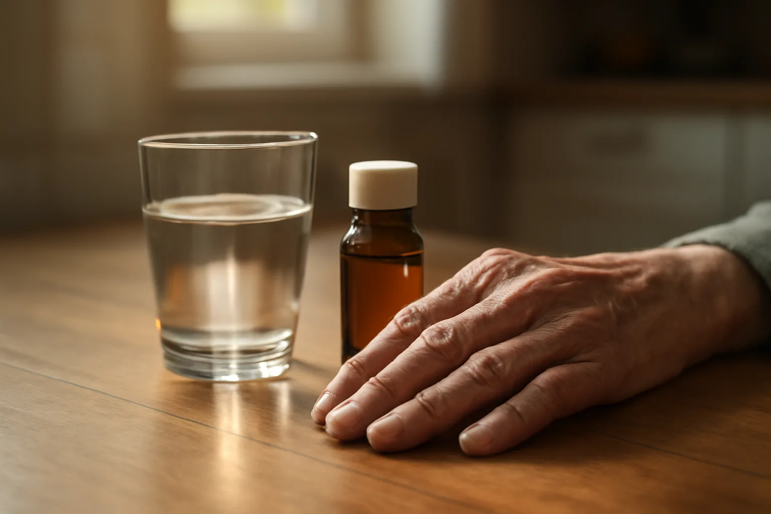 Older adult's hand near water glass and medicine bottle, illustrating methylene blue safety in older adults