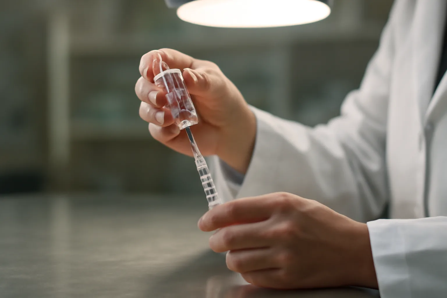 Pharmacist drawing liquid from a glass vial, representing methylene blue dosing precision