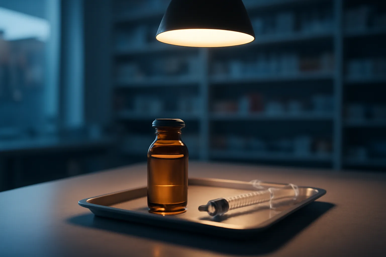 Amber vial and syringe on a steel tray, evoking methylene blue overdose and toxicity care