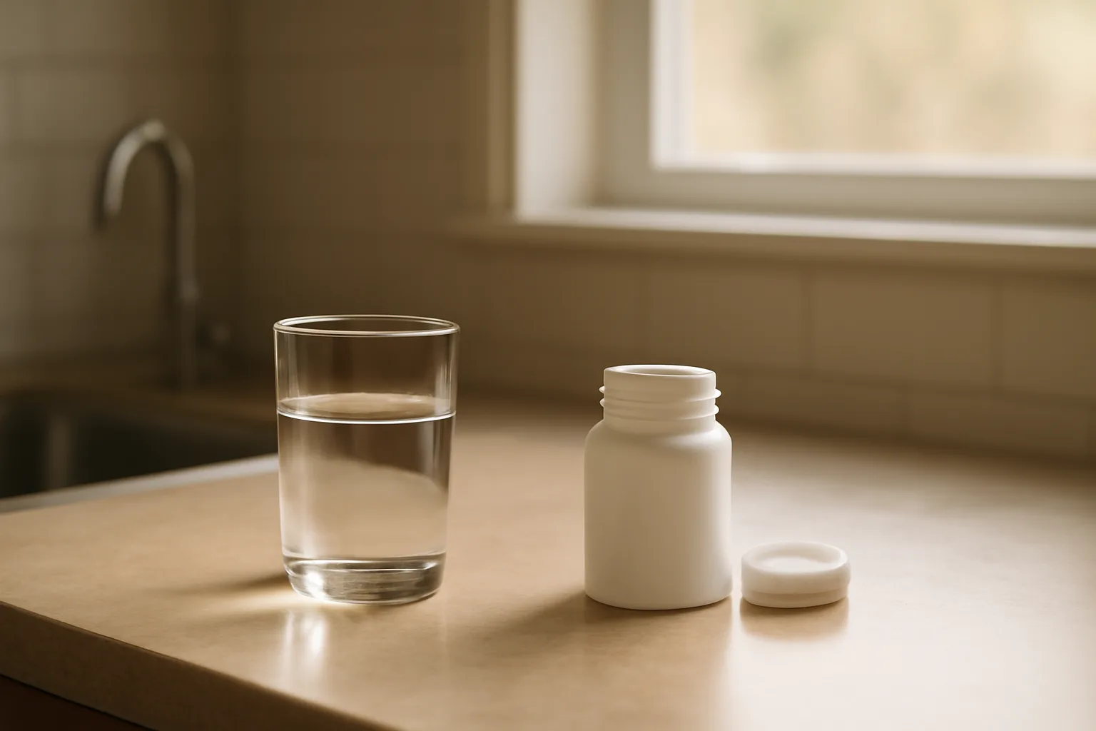 Empty glass and pharmacy bottle on a kitchen counter after stopping methylene blue