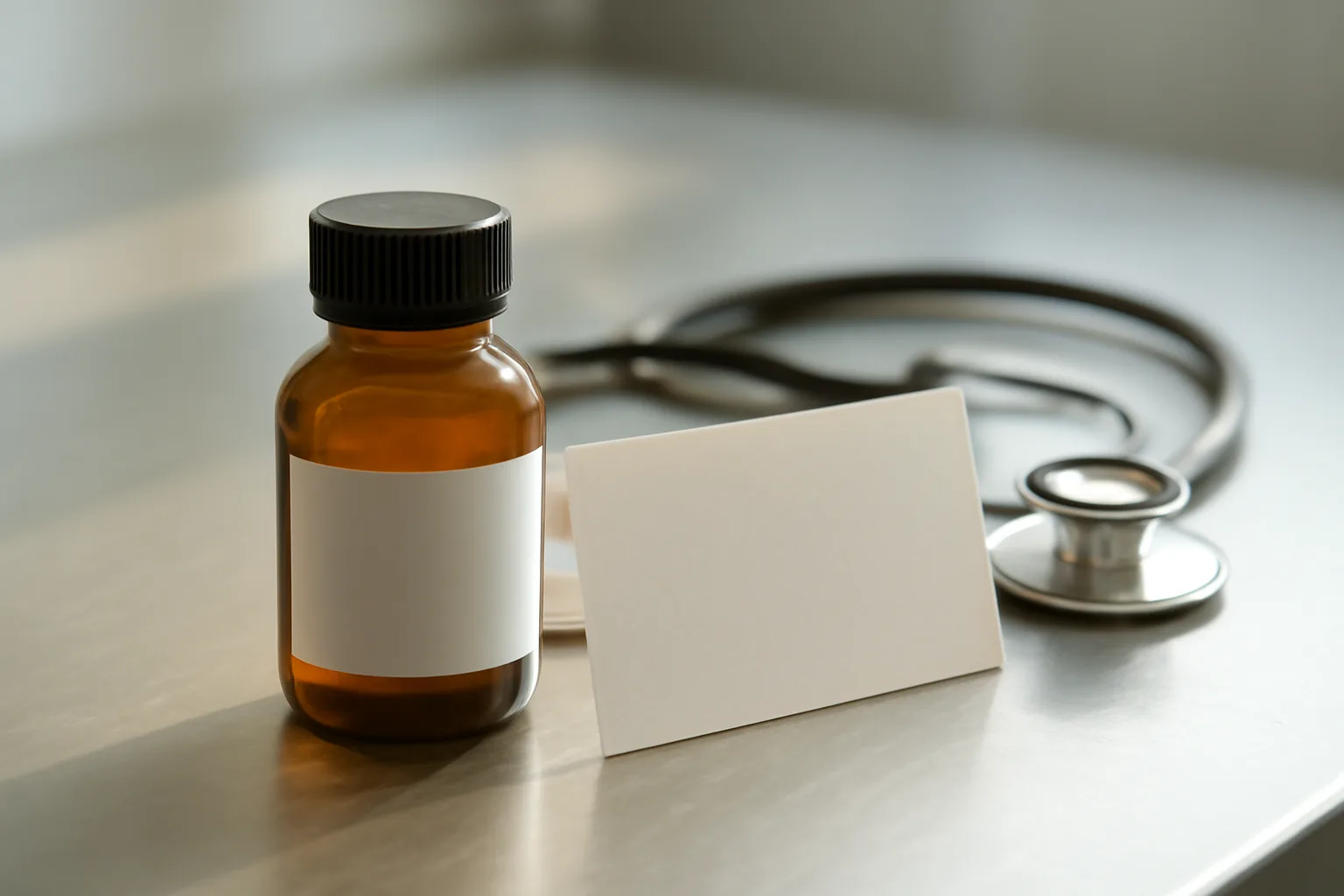 Amber pharmacy bottle on a stainless steel counter representing methylene blue pricing