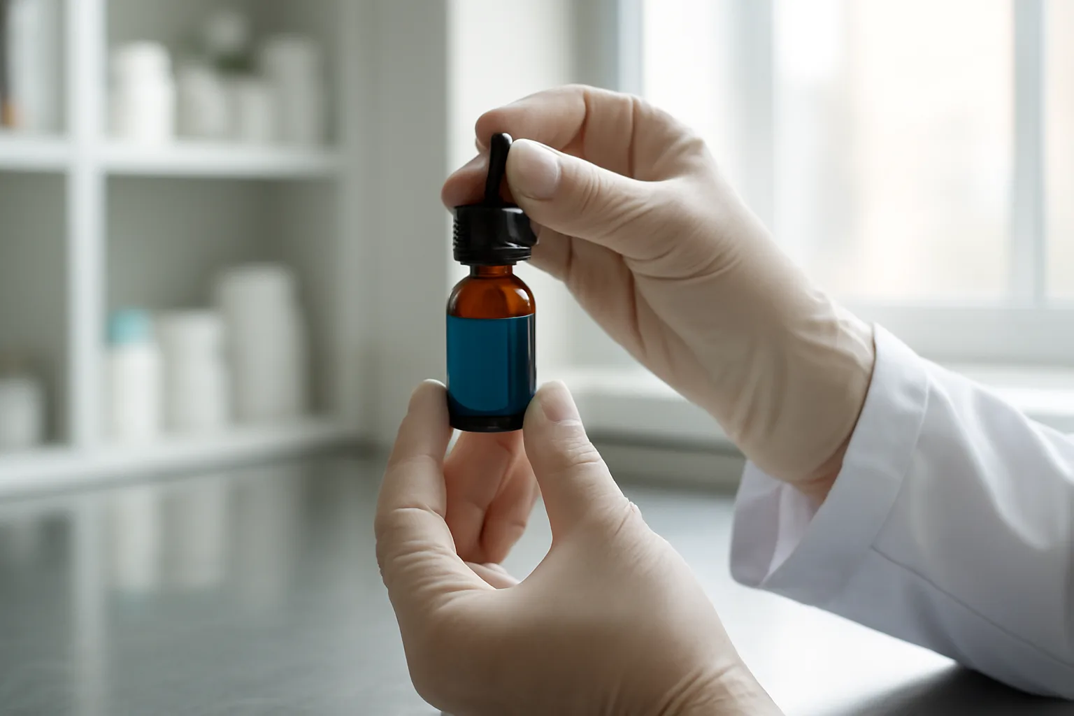 Pharmacist examining a bottle of blue liquid, illustrating where to buy methylene blue legally