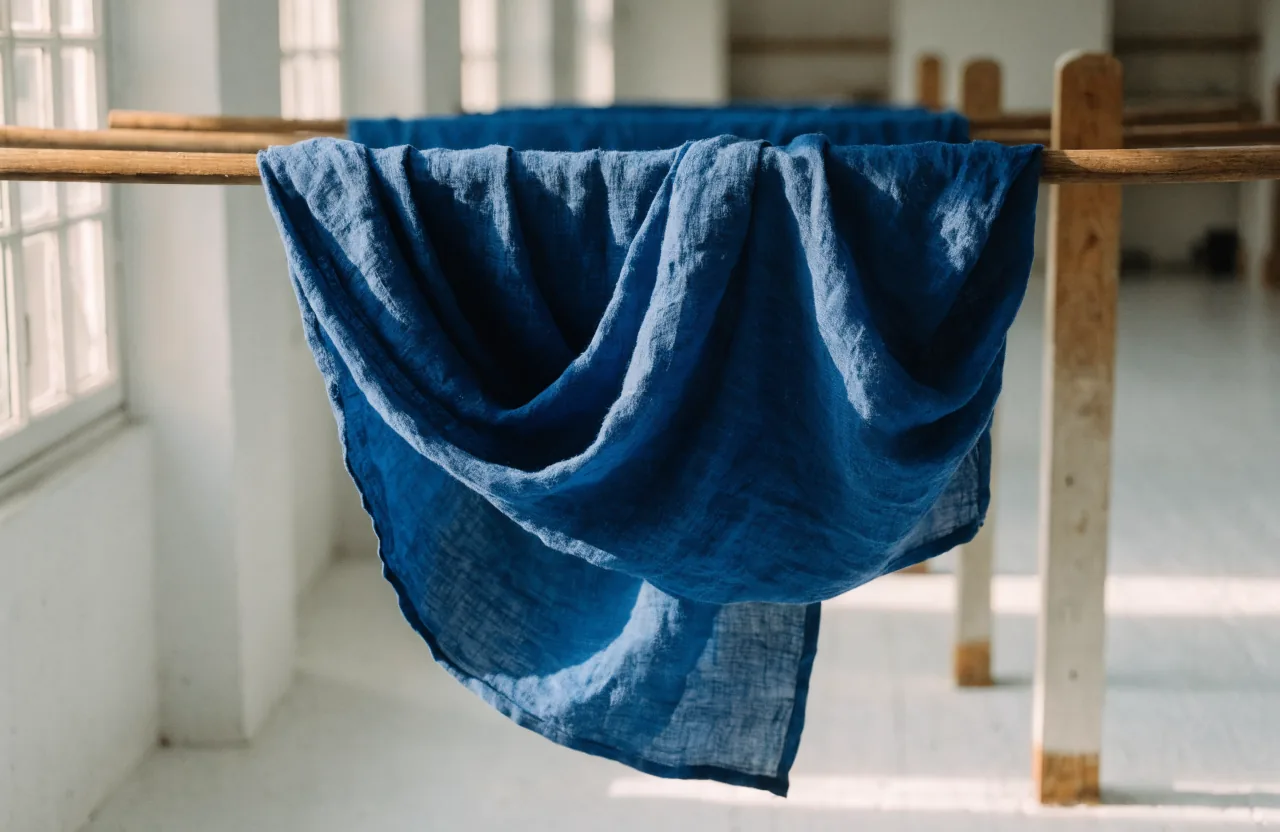 A deep blue dyed linen cloth draped over a wooden drying rail in a whitewashed workshop, morning light from tall windows.