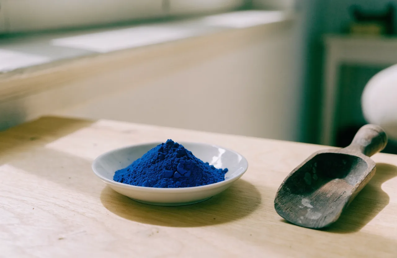 A small white ceramic dish holding a mound of deep blue pigment beside a worn wooden scoop on a pale oak table.