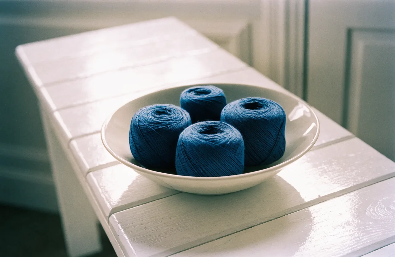 Balls of deep blue dyed cotton thread coiled in a pale ceramic bowl on a whitewashed wooden bench in morning light.